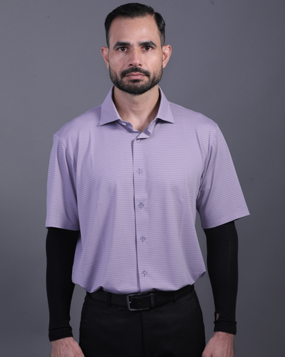 Men's DapperTee lavender open polo breathable polyamide fabric for professional office environments.