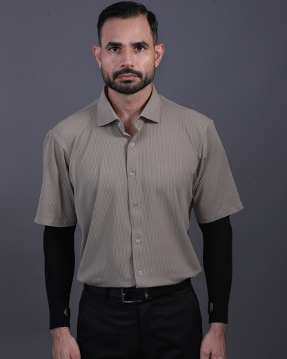 Men's DapperTee khaki open polo breathable polyamide fabric for professional office environments.