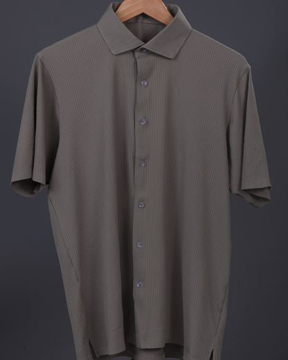 DapperTee khaki open polo highlighting professional open collar and premium tailored fit.
