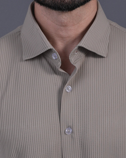 Close-up DapperTee khaki polo highlighting firm collar and professional high-end tailored fit.