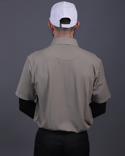 DapperTee khaki open polo styled for high-end professional environments and corporate leadership.