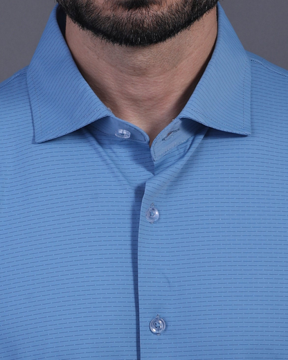 DapperTee blue open polo highlighting firm collar and professional high-end tailored fit.