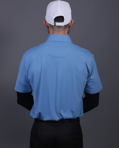 DapperTee blue open polo styled for high-end professional environments and corporate leadership.