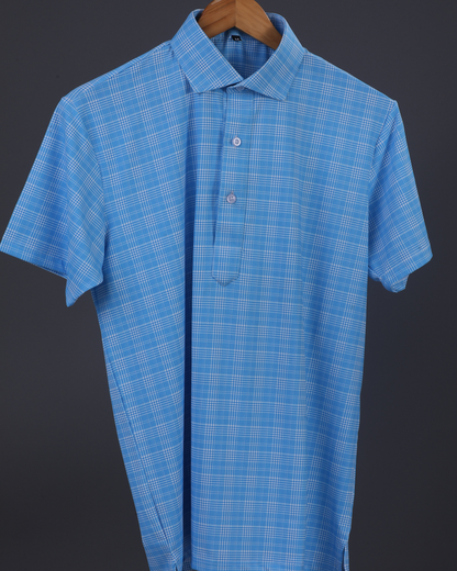 DapperTee blue checks polo highlighting professional open collar and premium tailored fit.