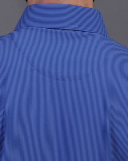 Close-up specialized polyamide fabric texture on DapperTee Regal white black striped polo.