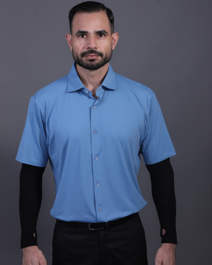 Men's DapperTee blue open polo breathable polyamide fabric for professional office environments.