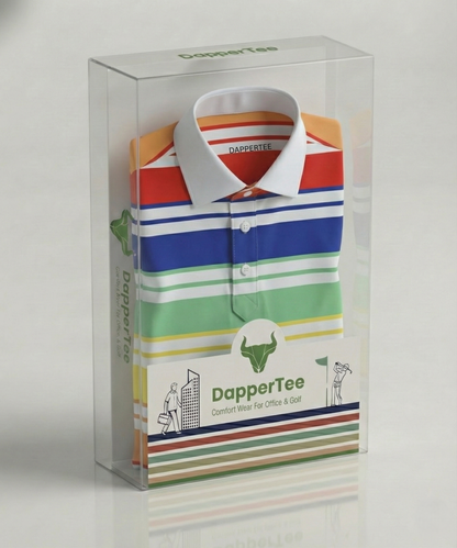 DapperTee premium stripe polo in luxury packaging for high-end corporate gifting.