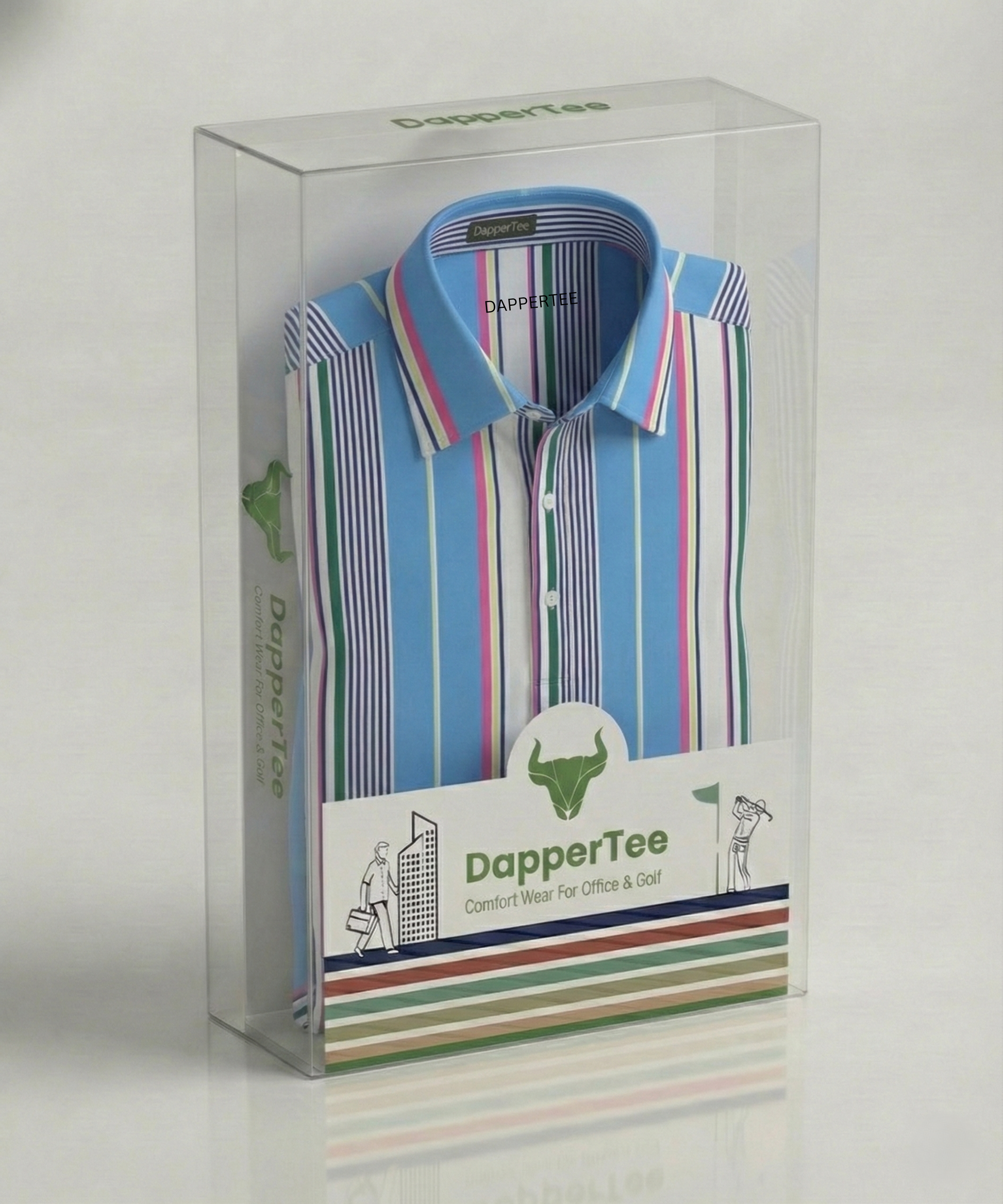 DapperTee blue stripe polo in luxury packaging for premium corporate gifting.