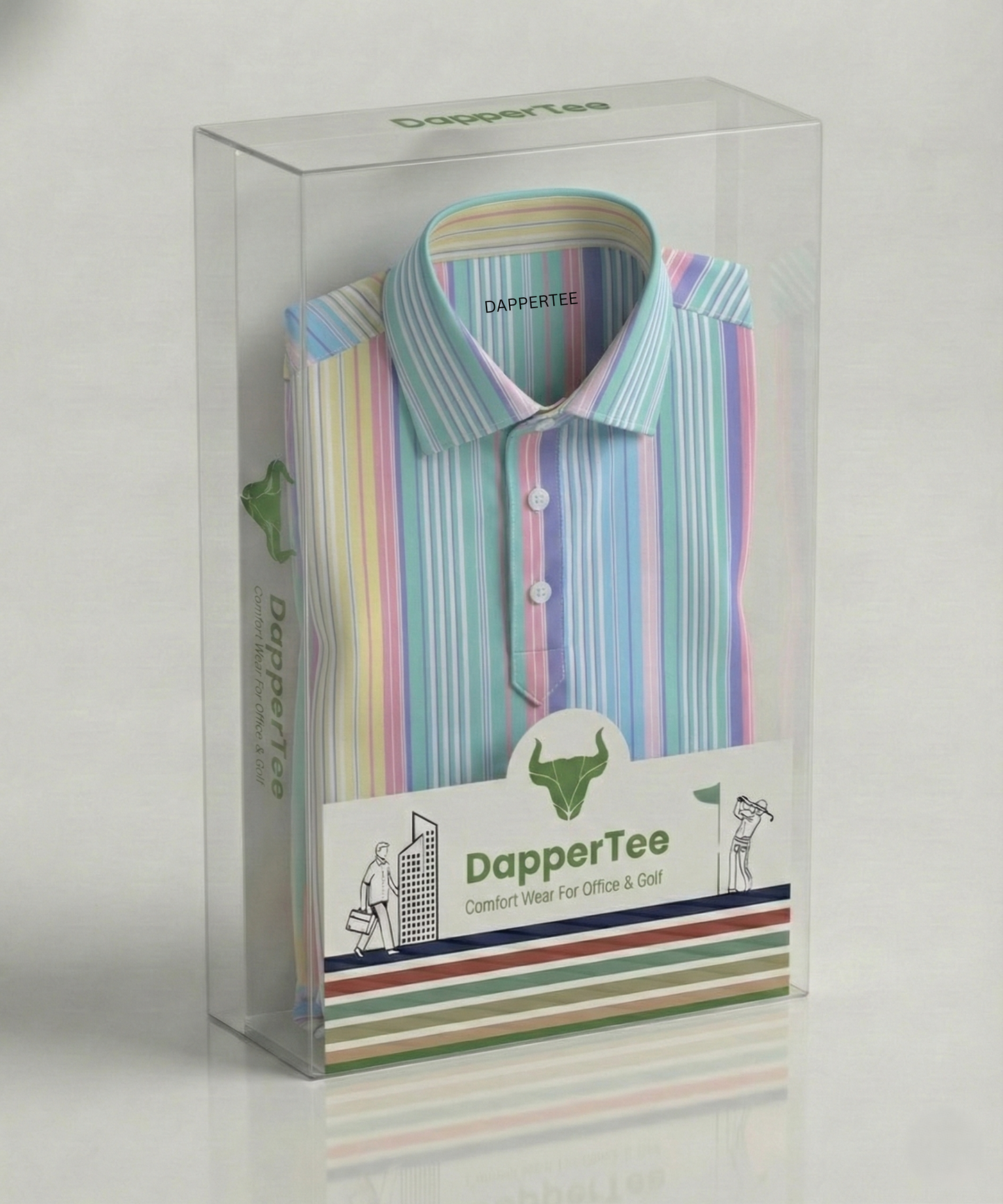 DapperTee Vertical Luxe Stripes polo in luxury packaging for premium corporate gifting.