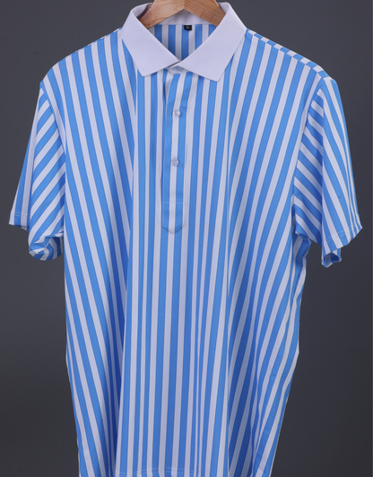 DapperTee blue white stripe polo highlighting firm collar and relaxed fit design.