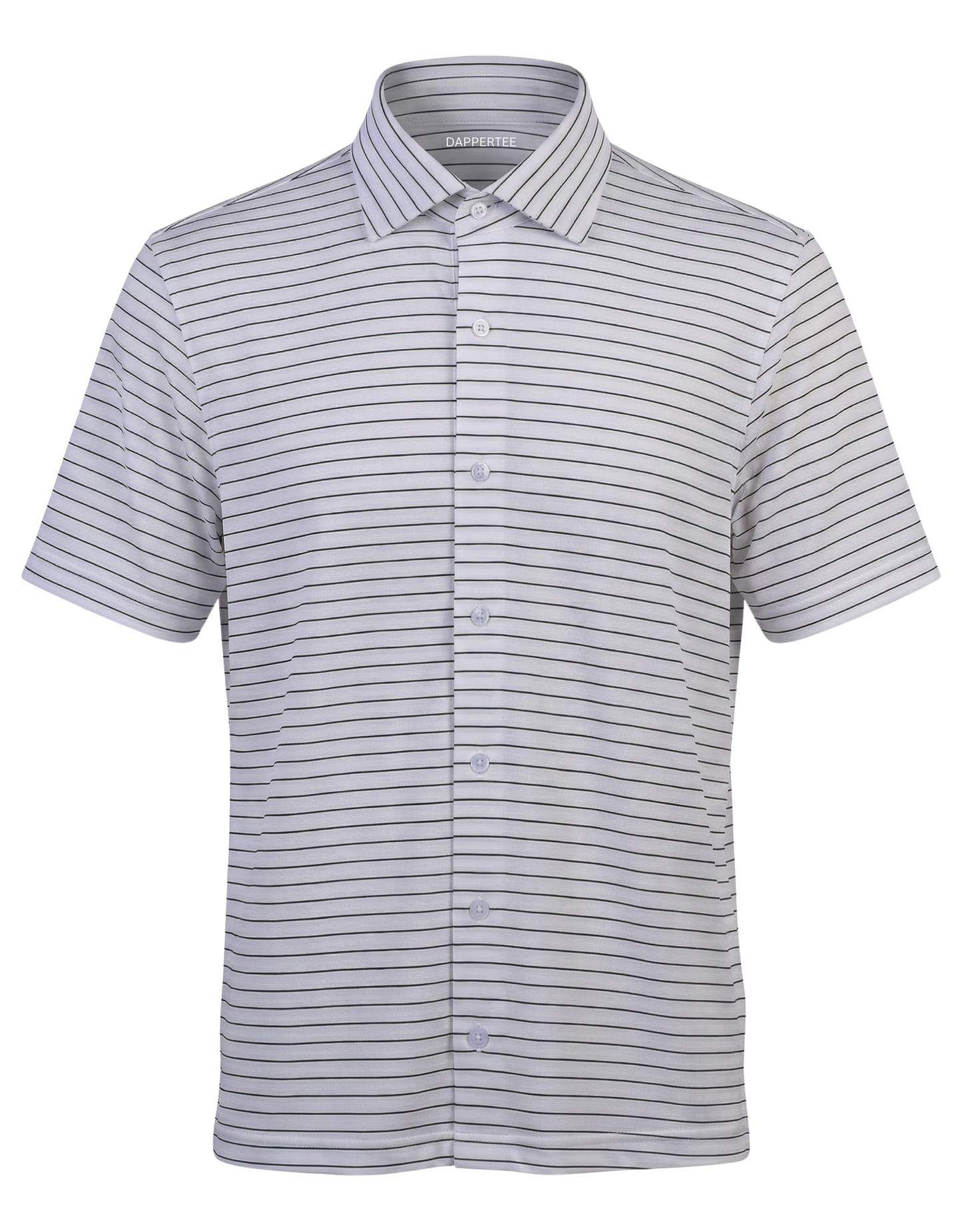 DapperTee Regal white black stripe open polo premium professional office attire gear.