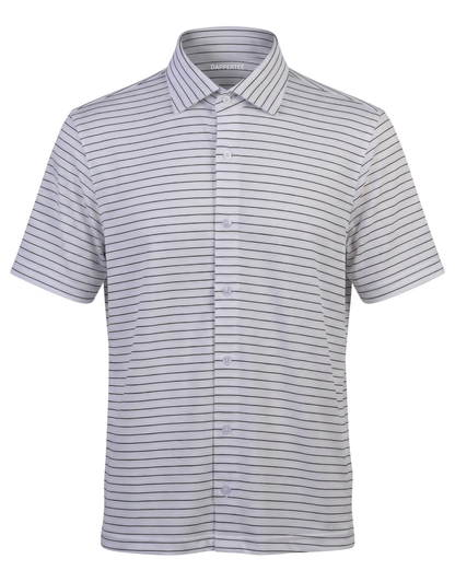 DapperTee Regal white black stripe open polo premium professional office attire gear.