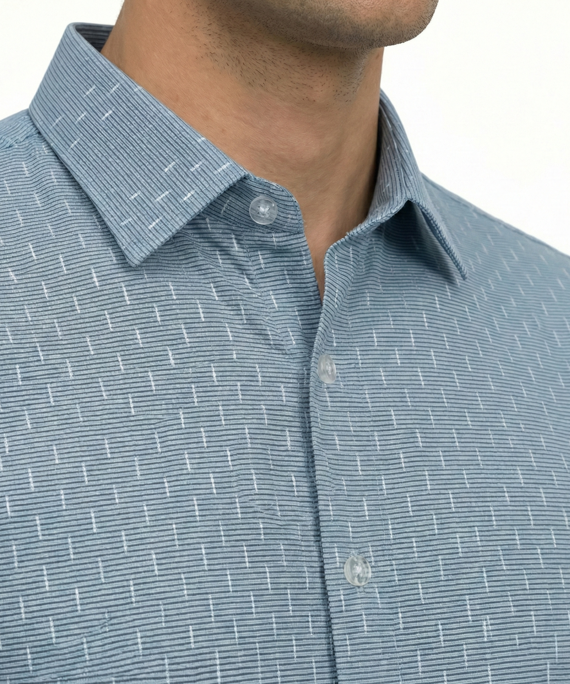 DapperTee blue open shirt highlighting firm collar and professional high-end tailored fit.