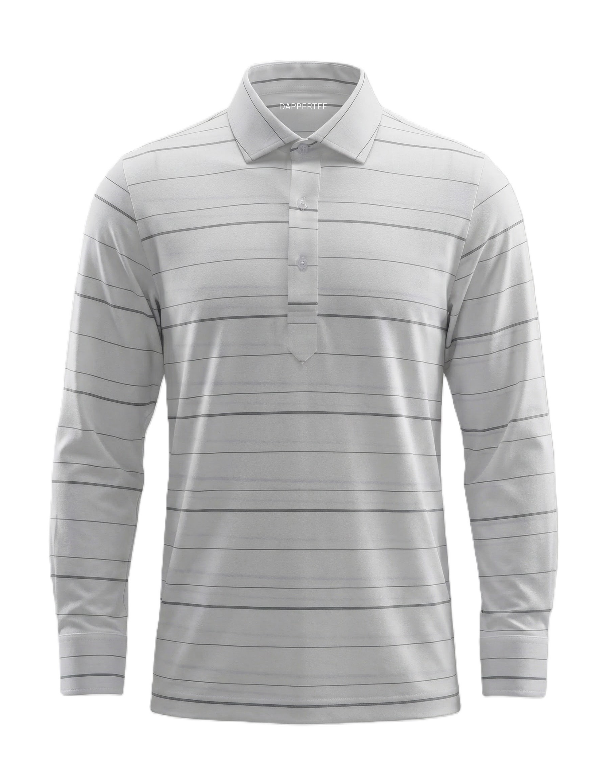 DapperTee Icelandic Elegant white stripe long sleeve polo luxury professional office attire.