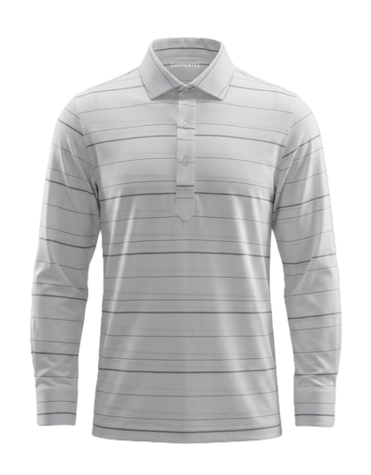 DapperTee Icelandic Elegant white stripe long sleeve polo luxury professional office attire.