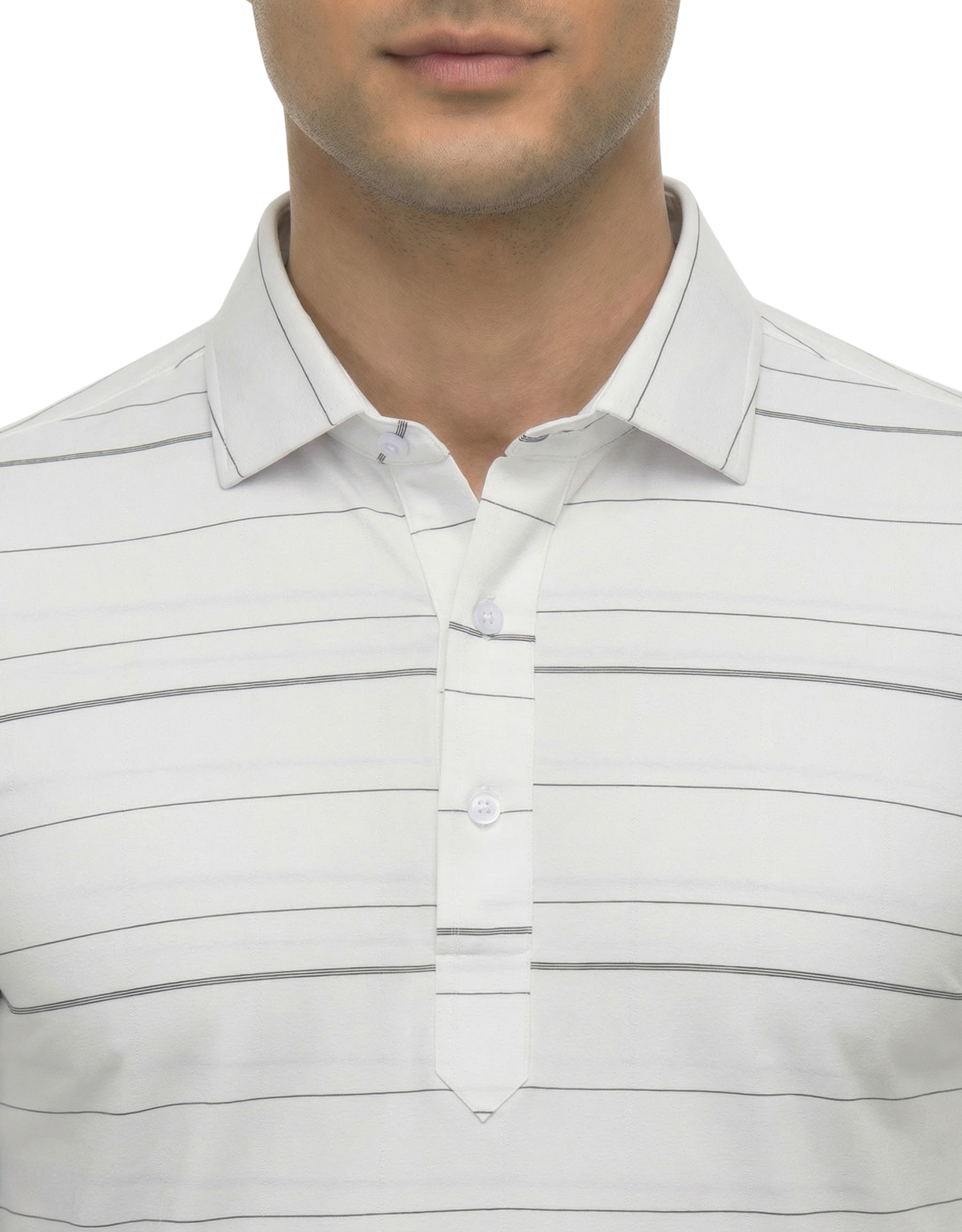DapperTee white striped long sleeve polo highlighting firm collar and professional fit.