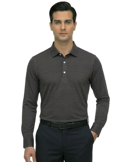 Men's DapperTee grey long sleeve polo breathable polyamide fabric for professional office.
