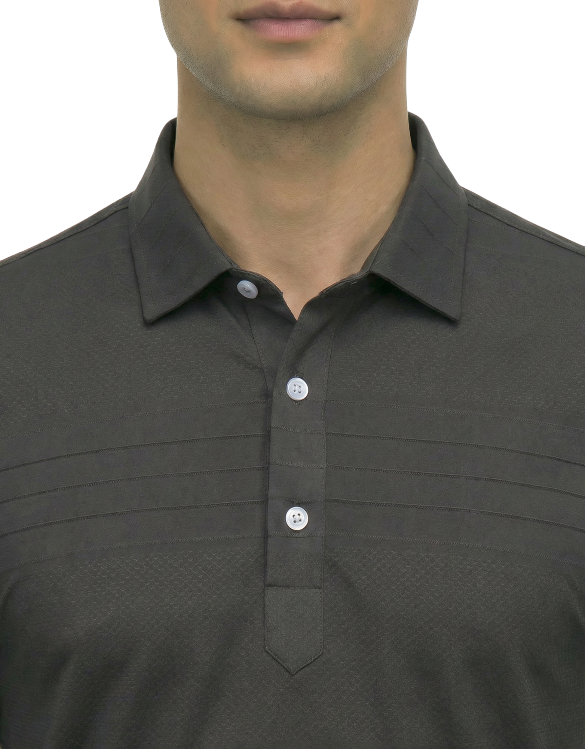 DapperTee grey jacquard long sleeve polo highlighting firm collar and professional fit.