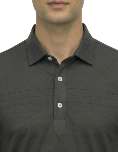 DapperTee grey jacquard long sleeve polo highlighting firm collar and professional fit.