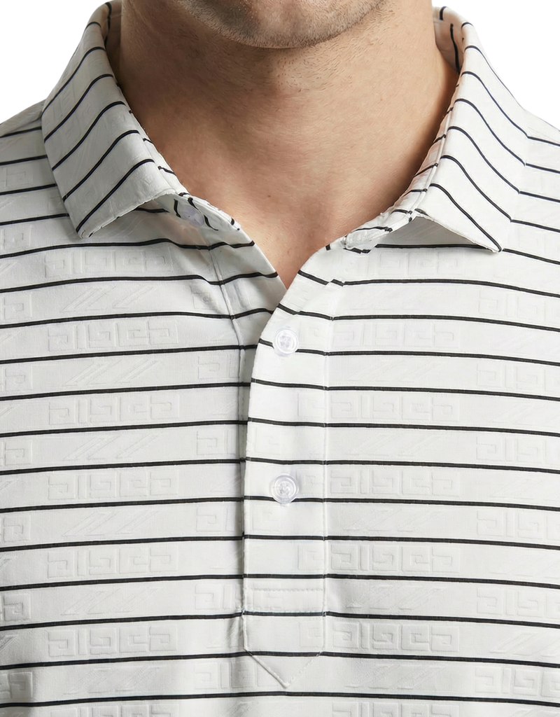 DapperTee white stripe polo highlighting firm collar and professional high-end tailored fit.