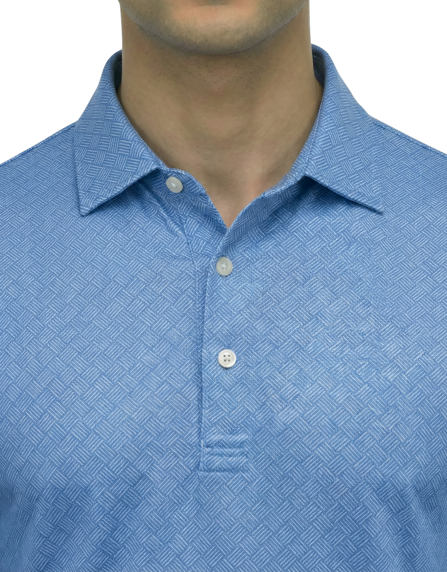 DapperTee blue long sleeve polo highlighting firm collar and professional tailored fit.