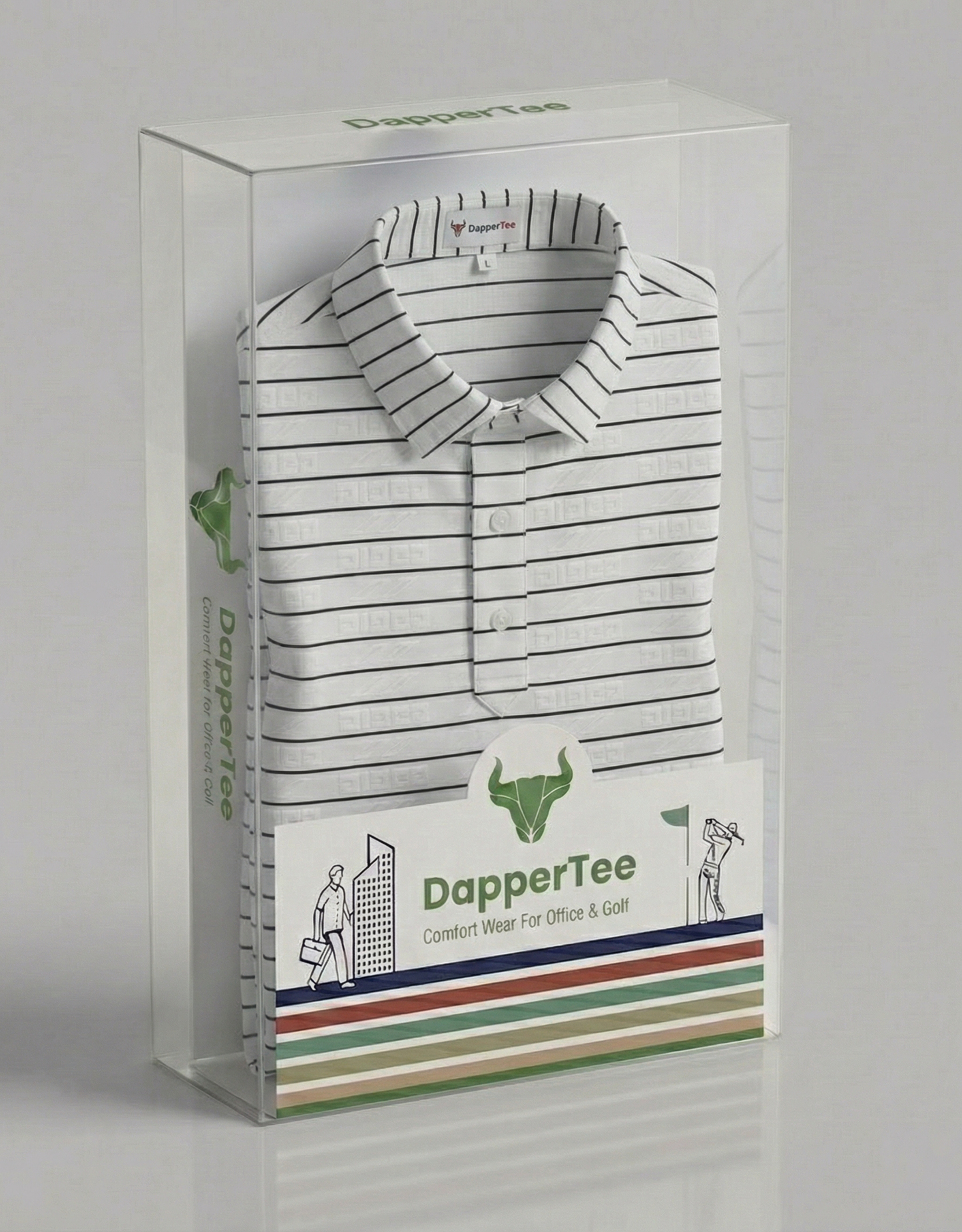 DapperTee premium stripe polo luxury packaging for high-end professional corporate gifting needs.