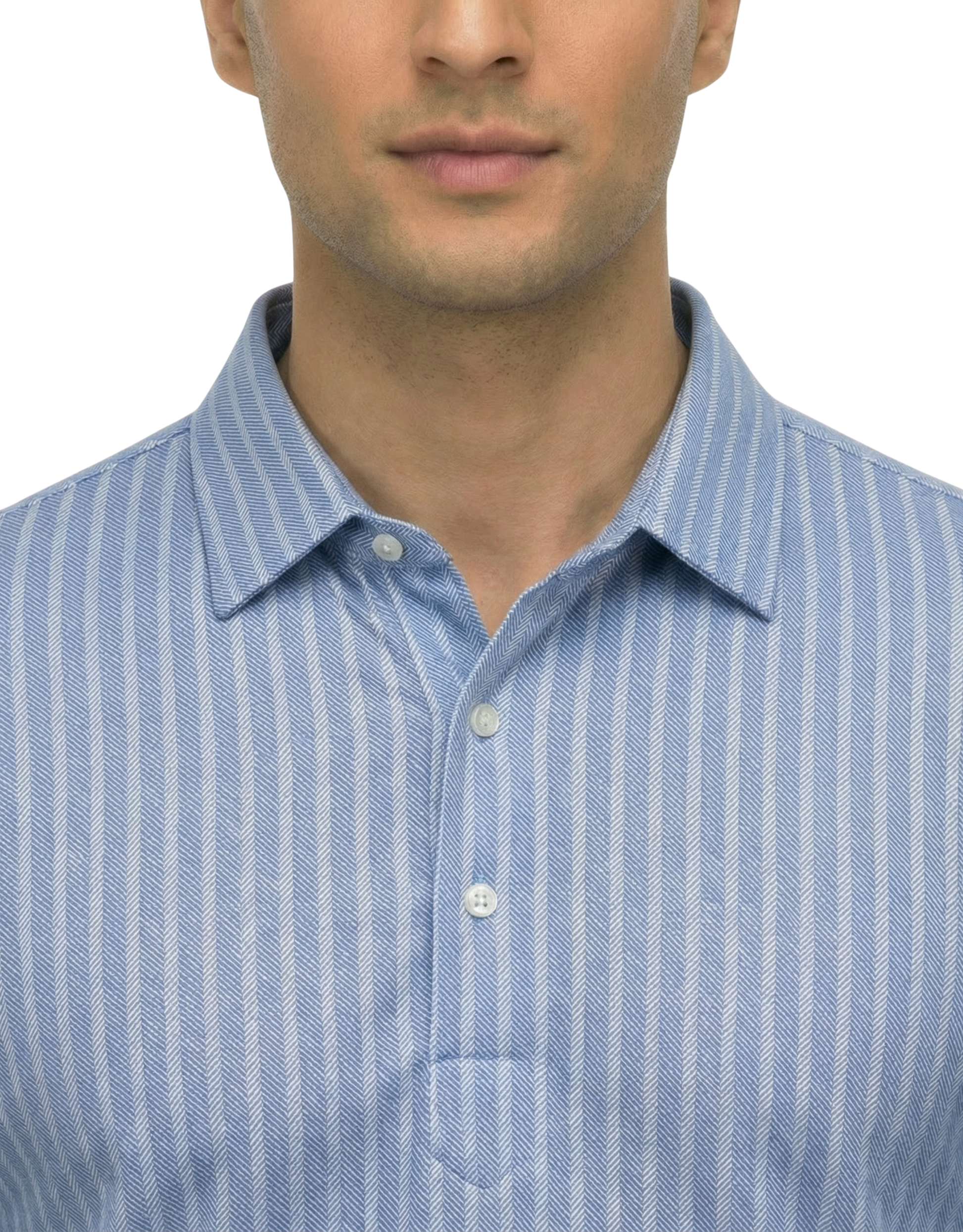 DapperTee blue long sleeve polo highlighting firm collar and professional tailored fit.