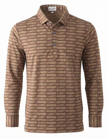 DapperTee brown jacquard long sleeve polo luxury premium professional office attire gear.