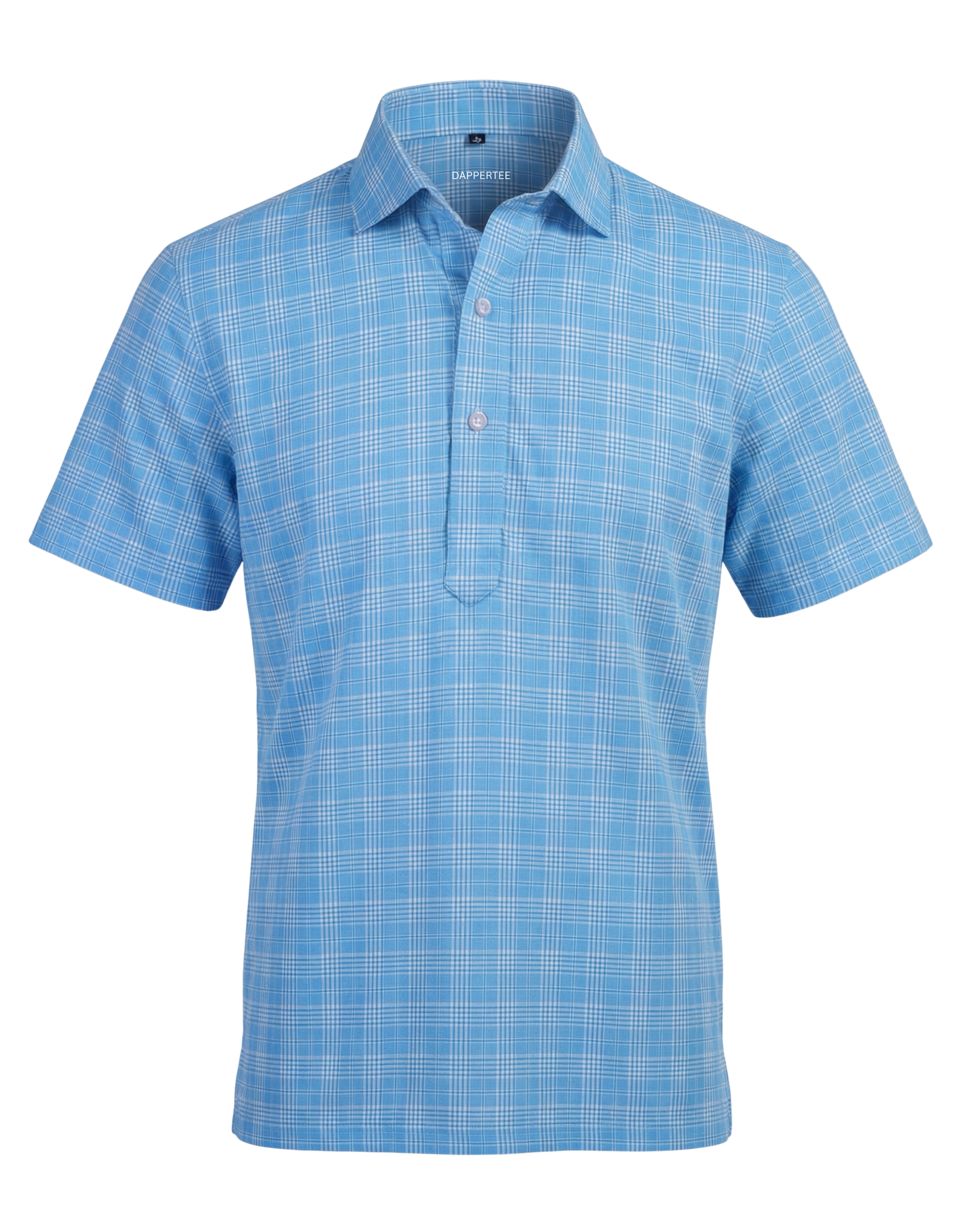 DapperTee Prestige classic light blue checks print polo premium professional office attire.