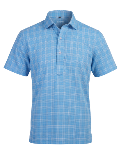 DapperTee Prestige classic light blue checks print polo premium professional office attire.