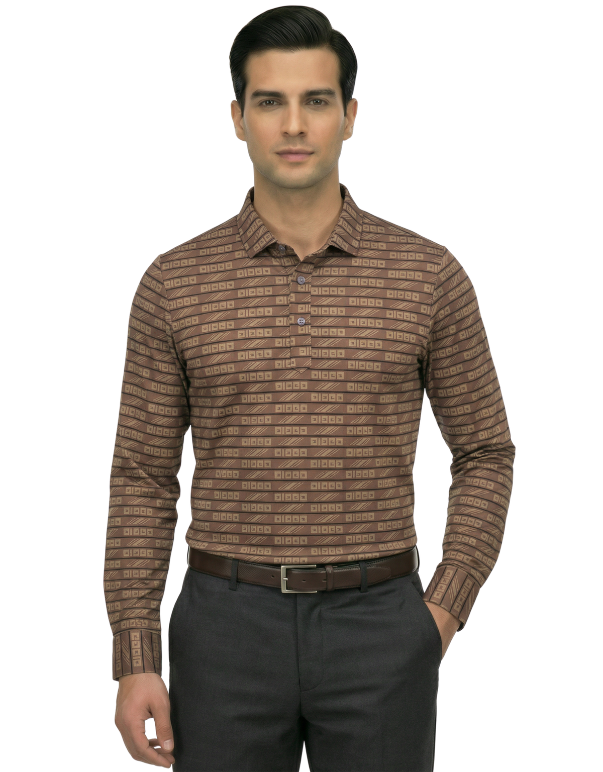 Men's DapperTee brown long sleeve polo breathable polyamide fabric for professional office.