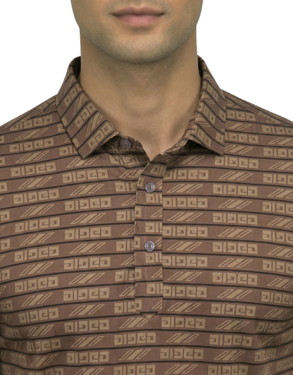 DapperTee brown jacquard long sleeve polo highlighting firm collar and professional fit.