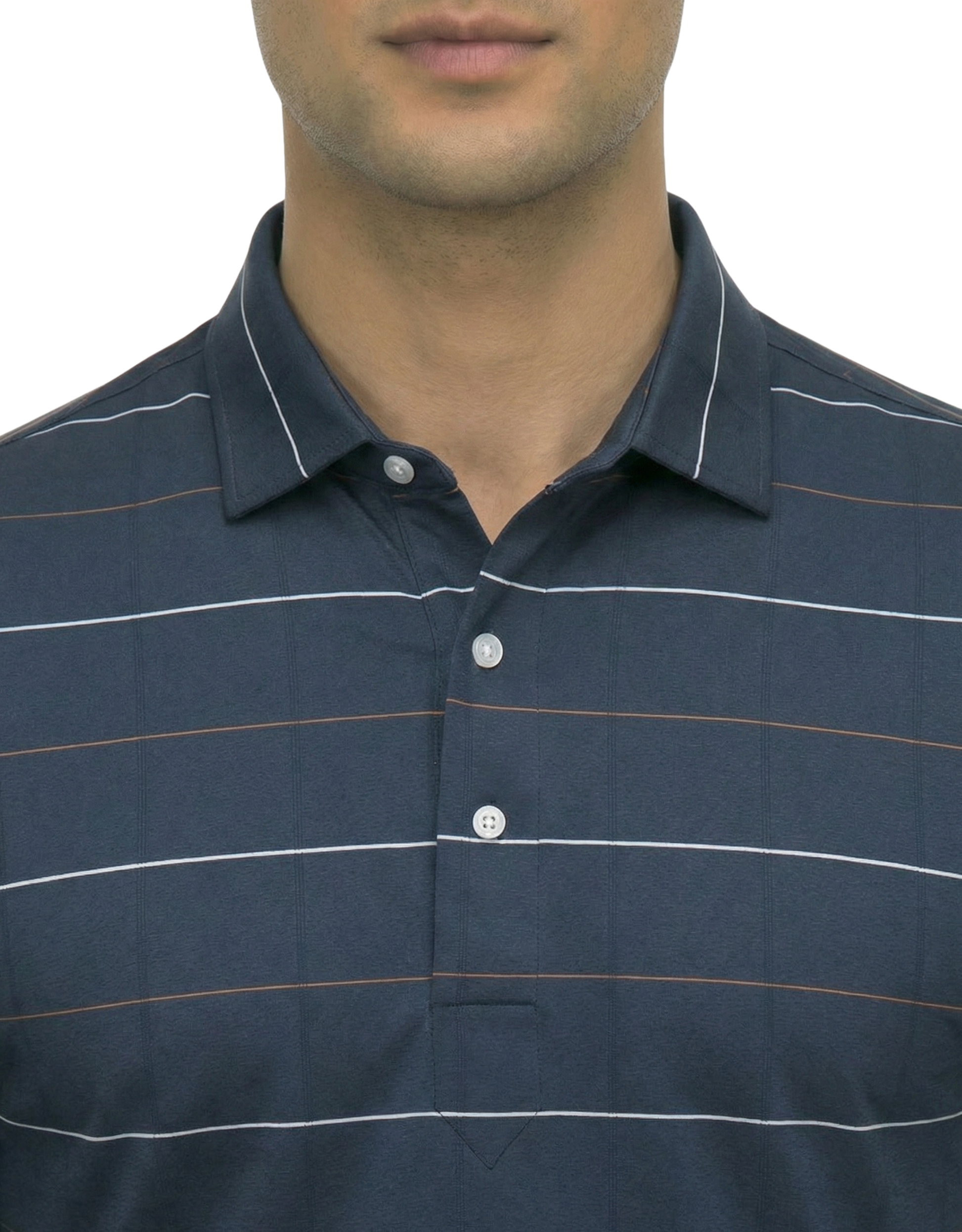 DapperTee grey striped long sleeve polo highlighting firm collar and professional fit.