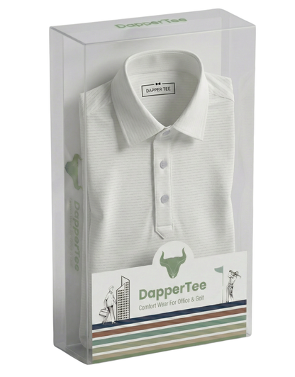 DapperTee premium white polo luxury packaging for high-end professional corporate gifting needs.