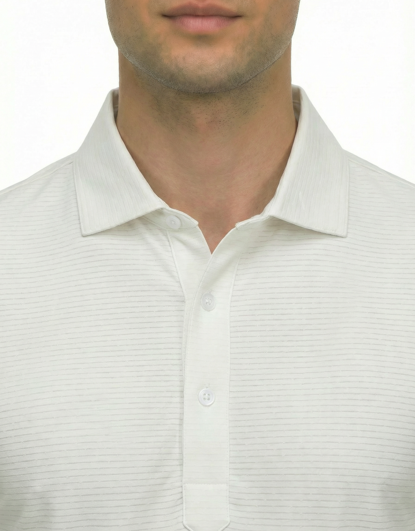 DapperTee white striper polo highlighting firm collar and professional high-end tailored fit.