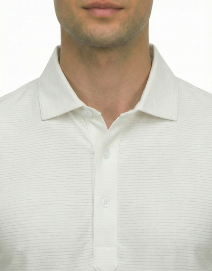 DapperTee white striper polo highlighting firm collar and professional high-end tailored fit.