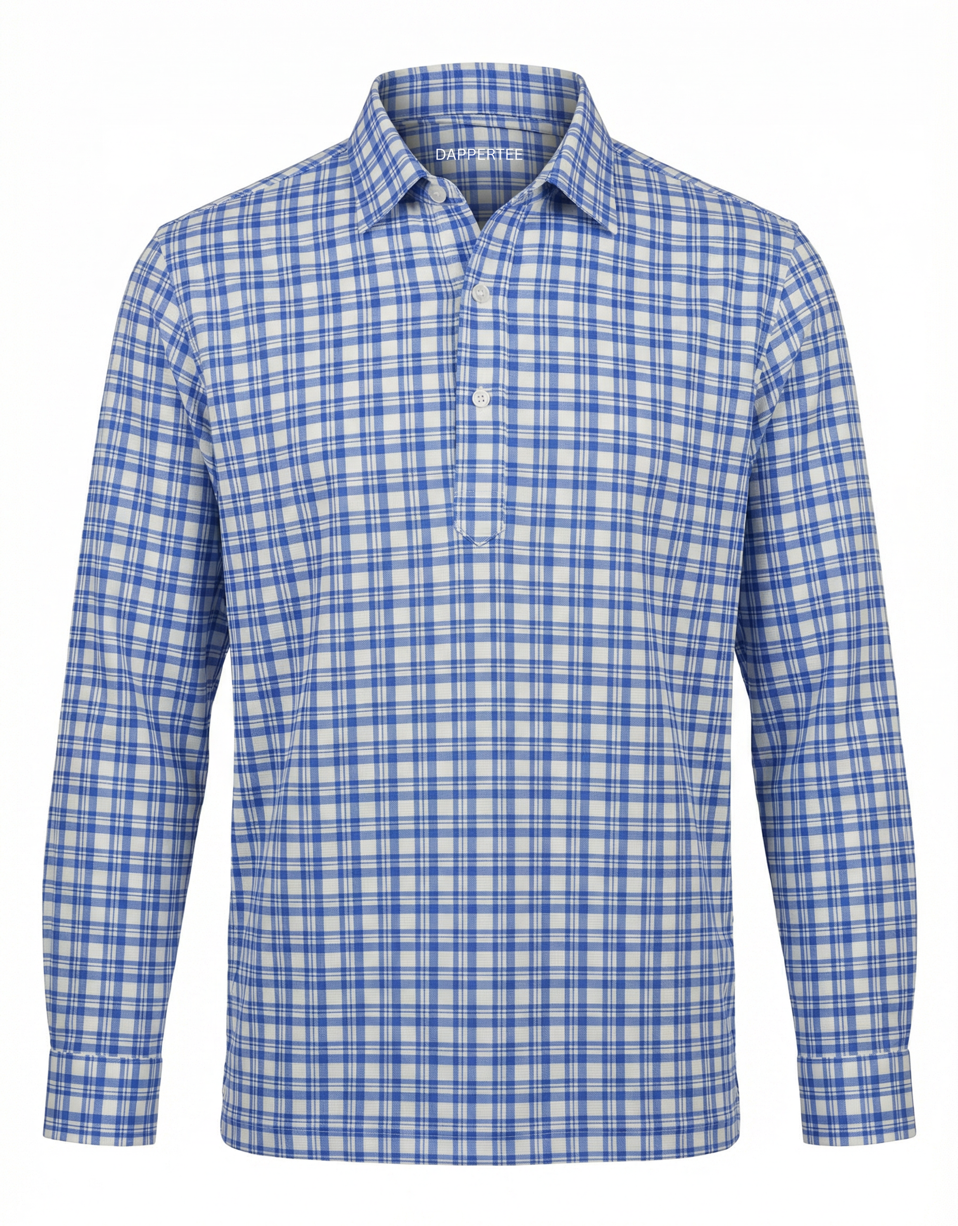 DapperTee Manhattan Wall Street blue check long sleeve polo luxury office attire.