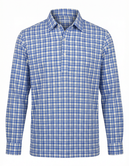 DapperTee Manhattan Wall Street blue check long sleeve polo luxury office attire.