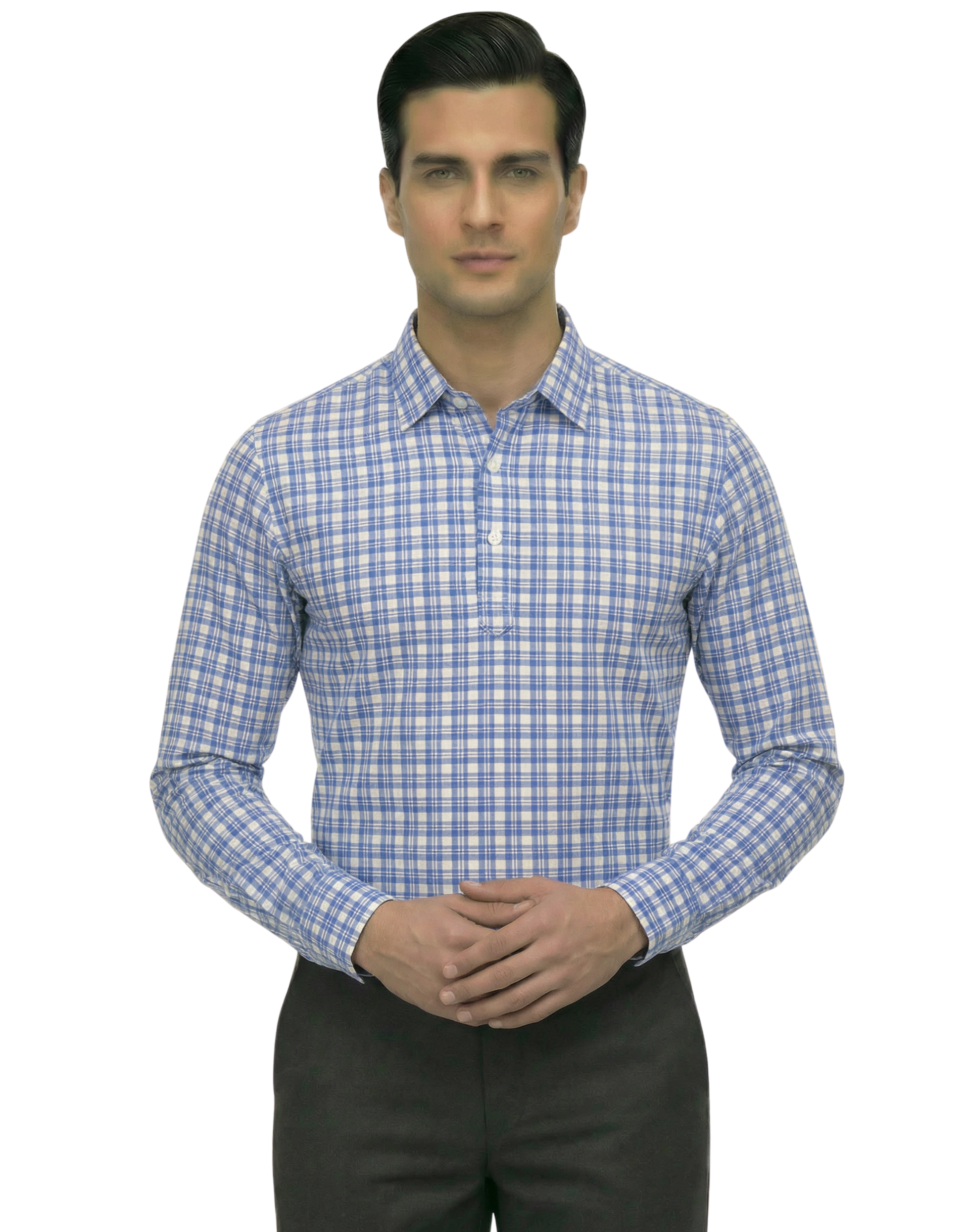 Men's DapperTee blue checked long sleeve polo breathable polyamide fabric for office.