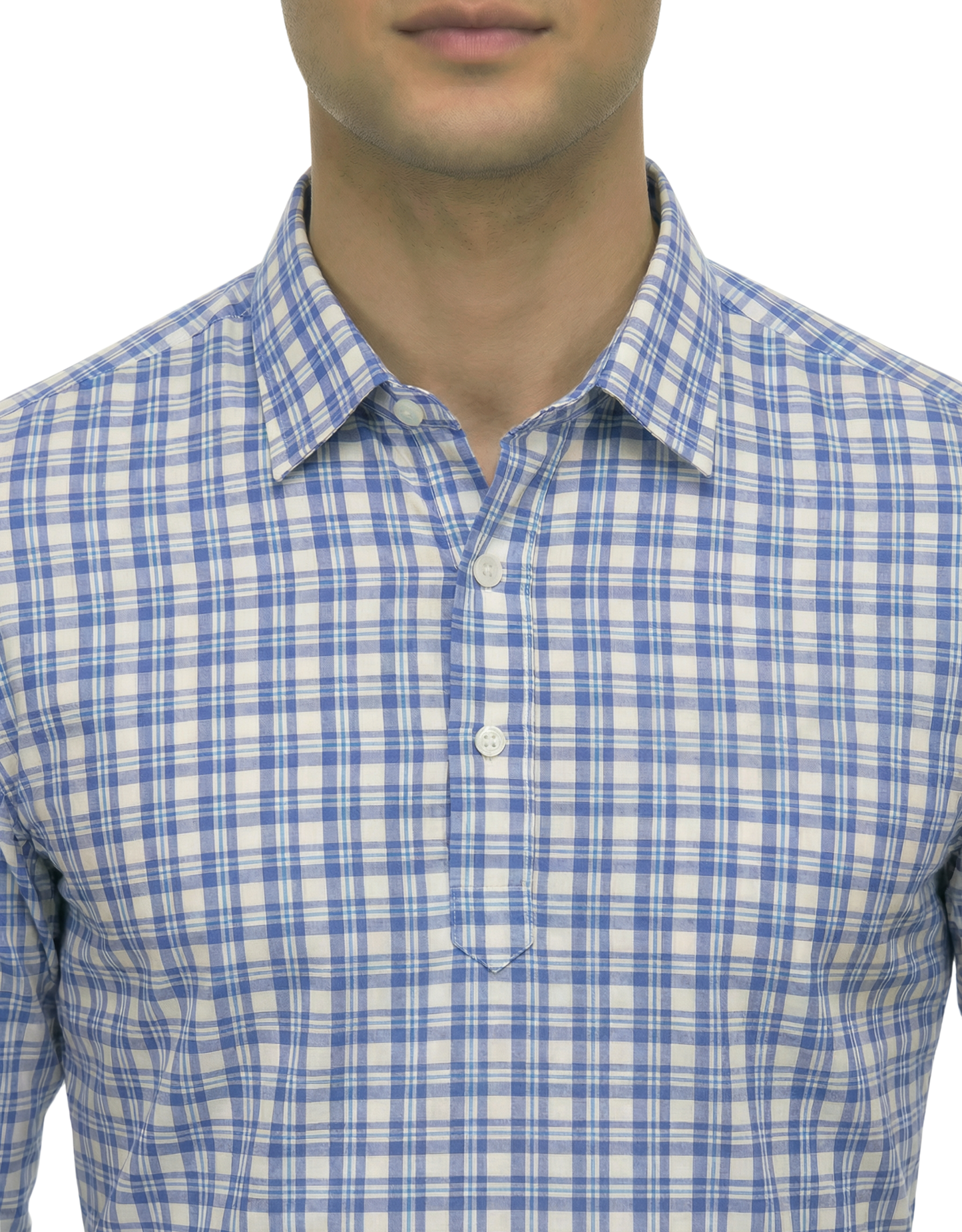 DapperTee blue check long sleeve polo highlighting firm collar and professional fit.