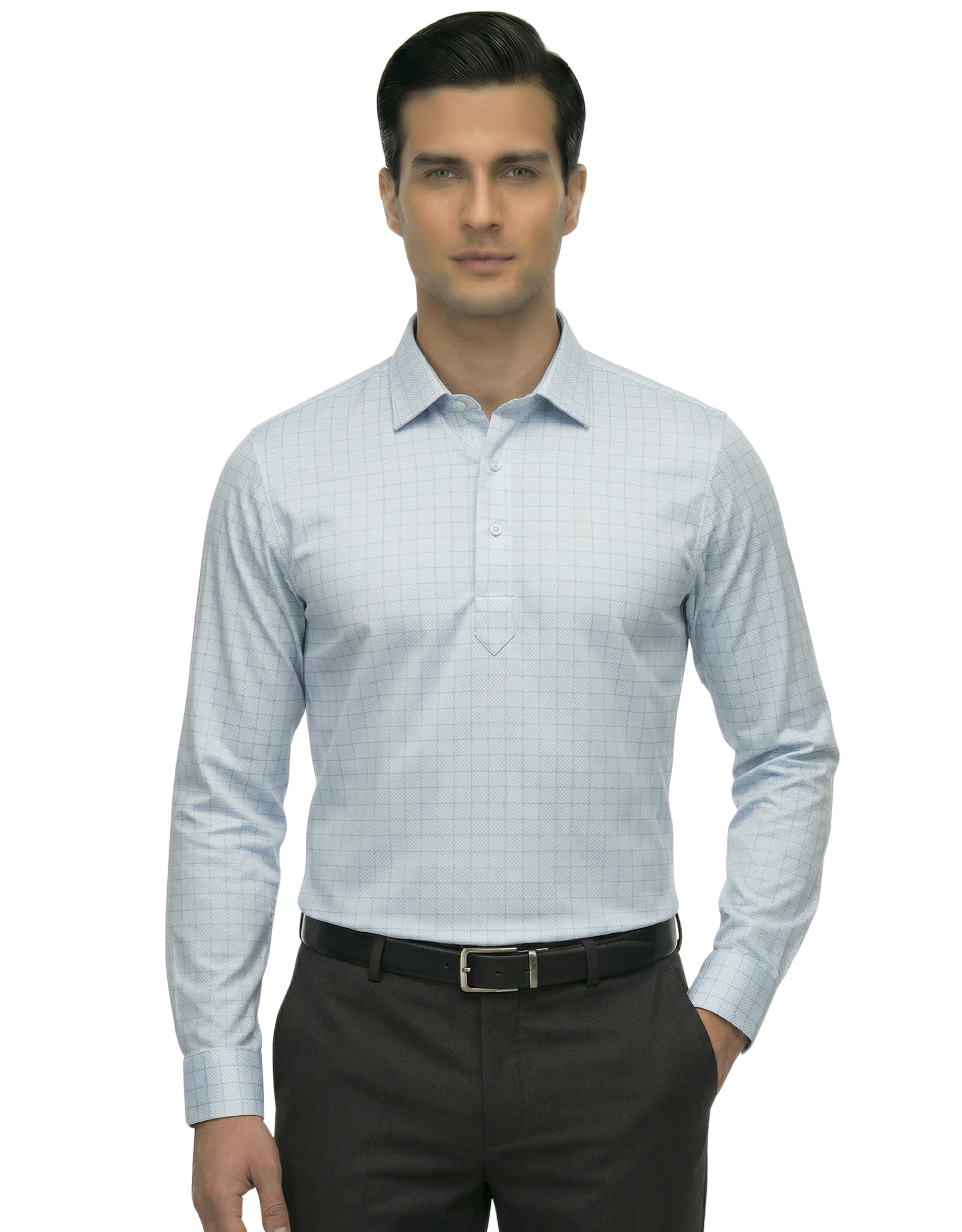 Men's DapperTee grey check long sleeve polo breathable polyamide fabric for office.