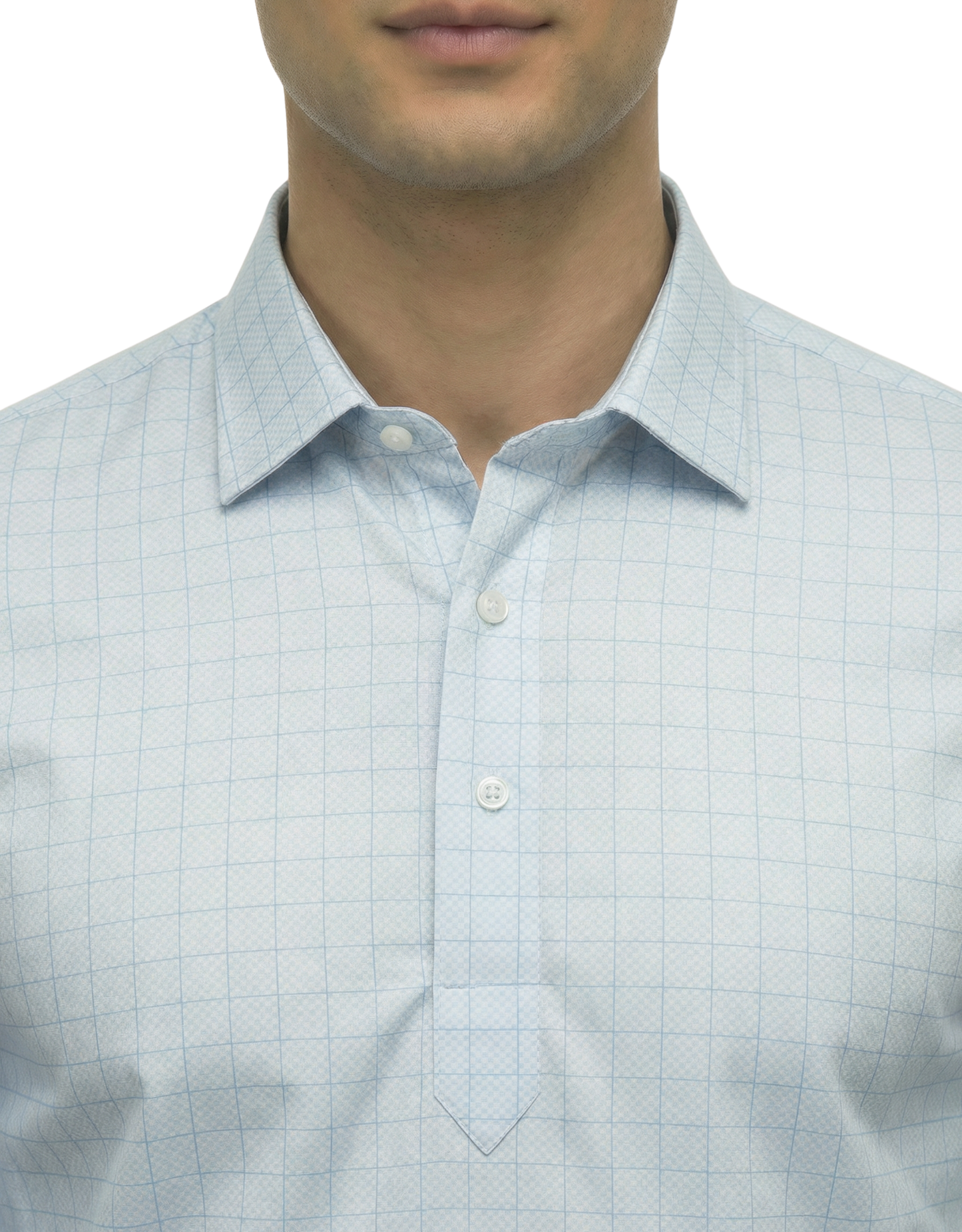 DapperTee grey check long sleeve polo highlighting firm collar and professional fit.
