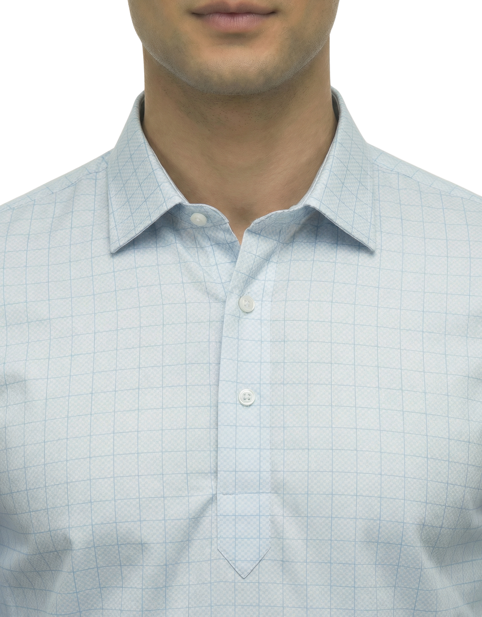 DapperTee grey check long sleeve polo highlighting firm collar and professional fit.