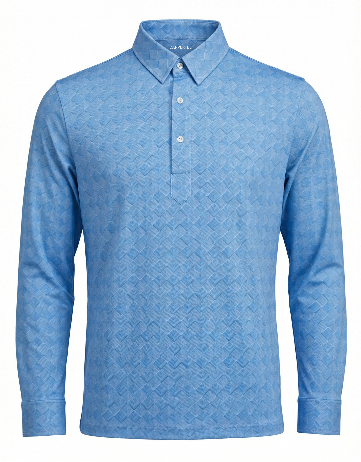 DapperTee Mediterranean Sea blue mosaic long sleeve polo luxury professional office attire.