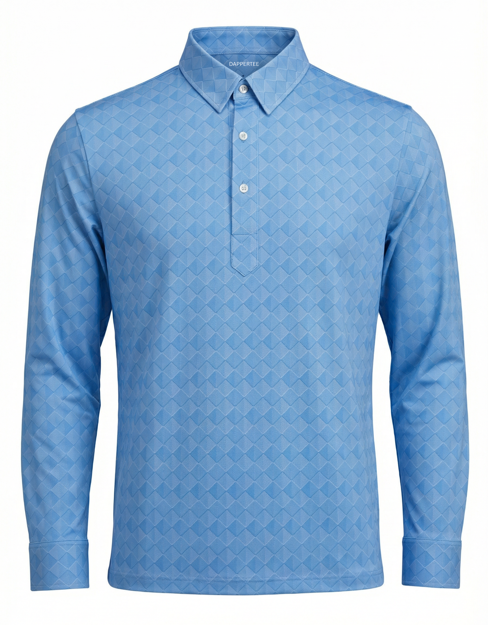 DapperTee Mediterranean Sea blue mosaic long sleeve polo luxury professional office attire.