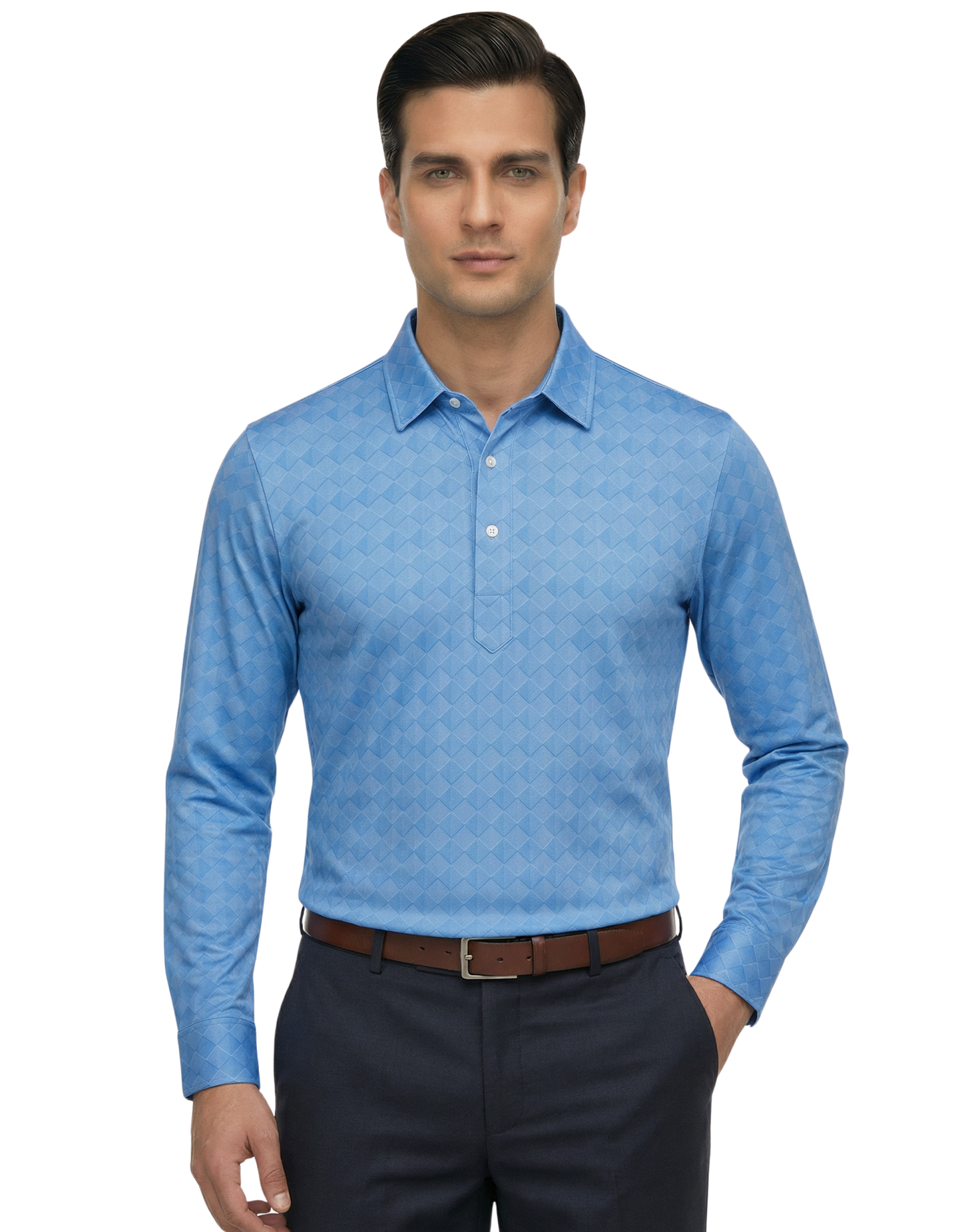 Men's DapperTee blue mosaic long sleeve polo breathable polyamide fabric for office.