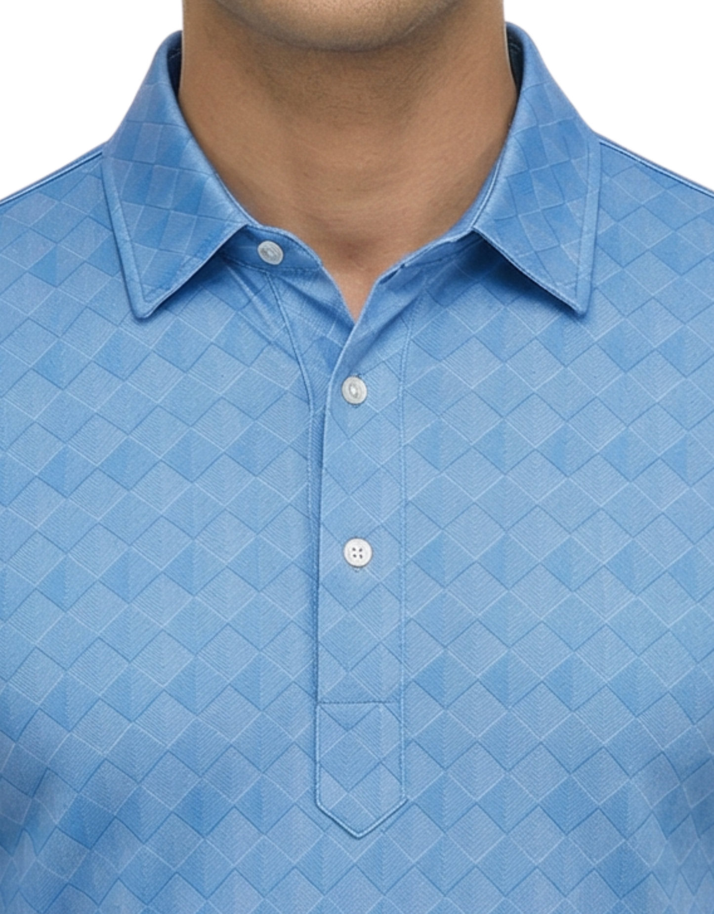 DapperTee blue mosaic long sleeve polo highlighting firm collar and professional fit.