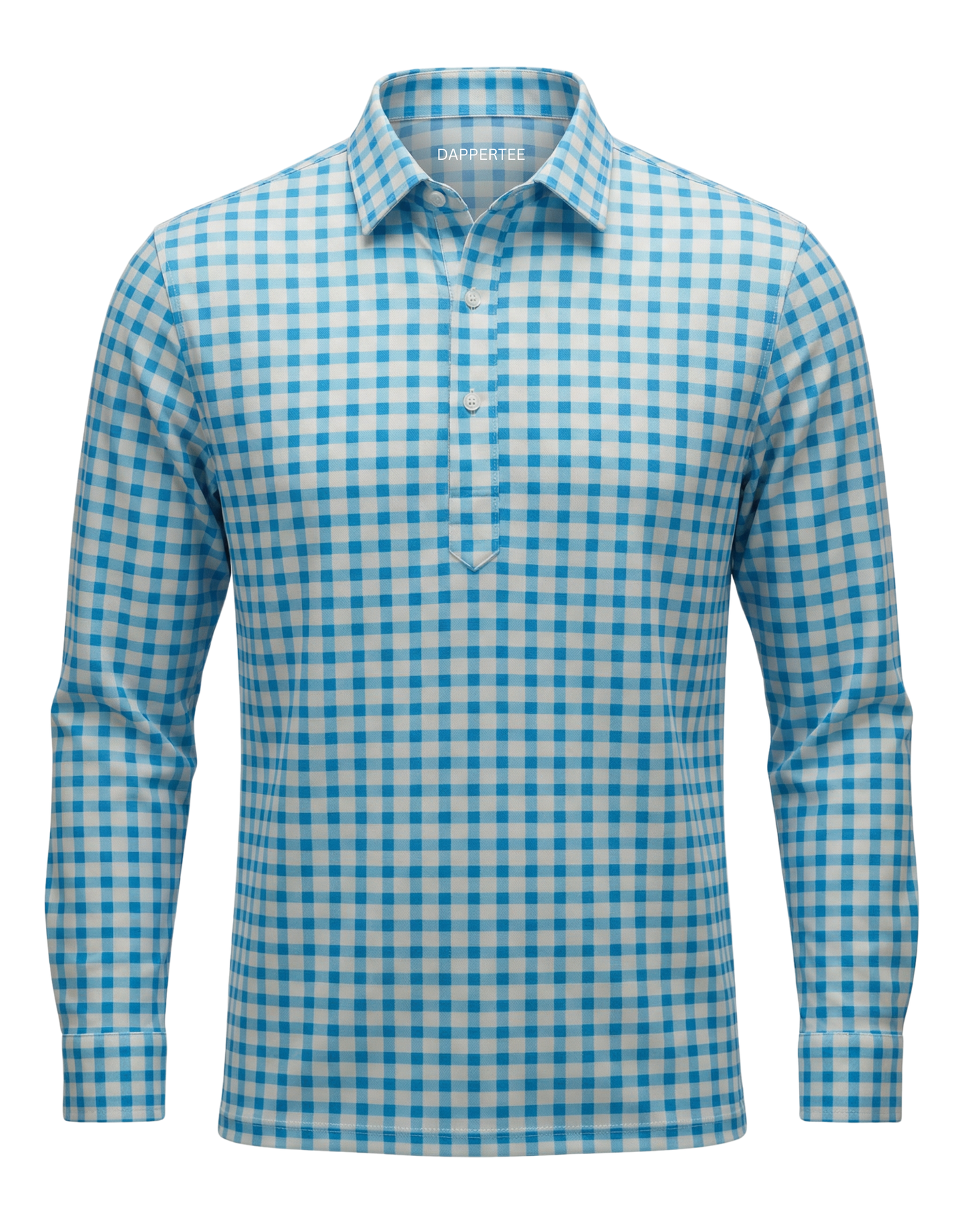 DapperTee British Oxford blue white check long sleeve polo luxury office wear.