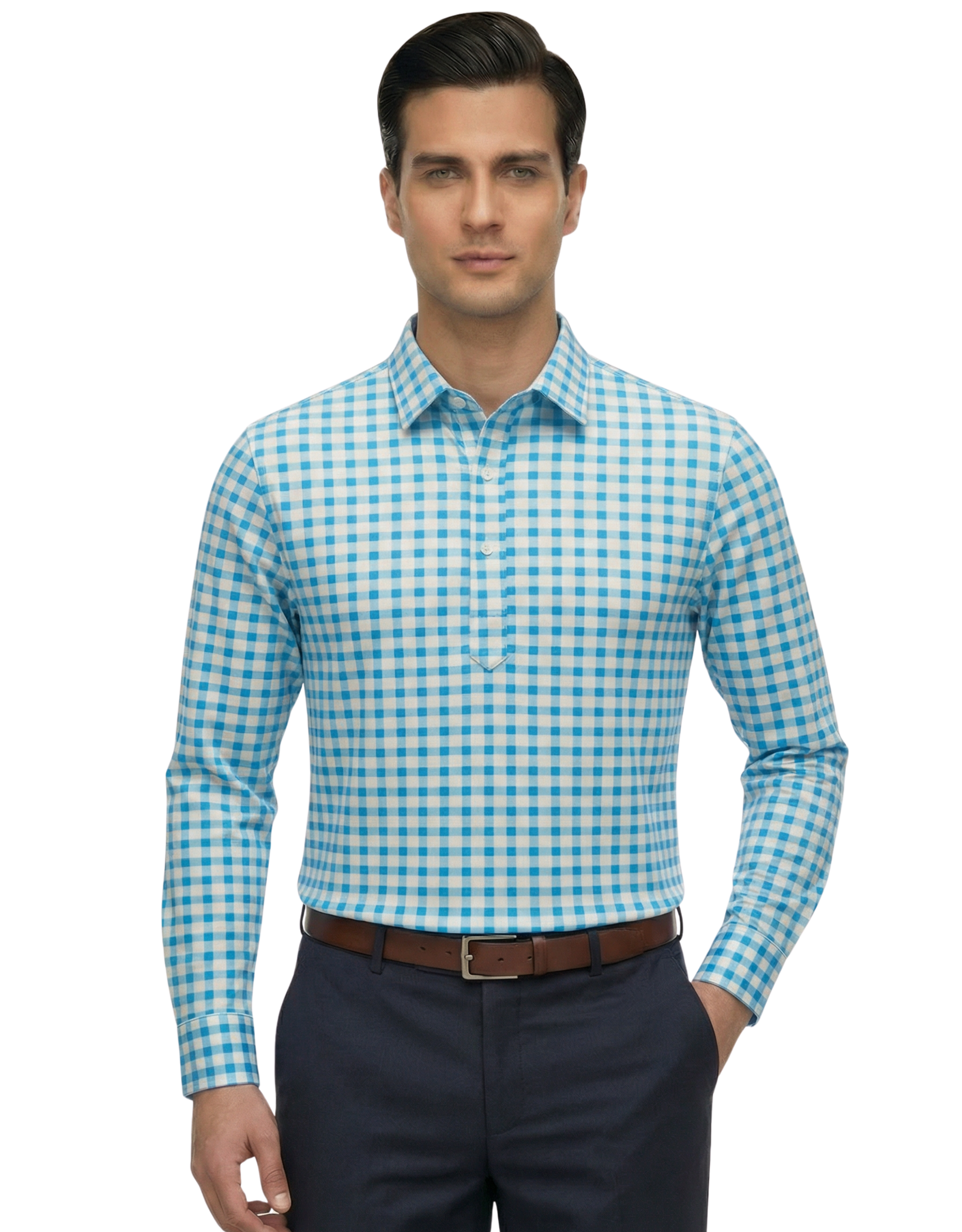 Men's DapperTee blue checked long sleeve polo breathable polyamide fabric for office.
