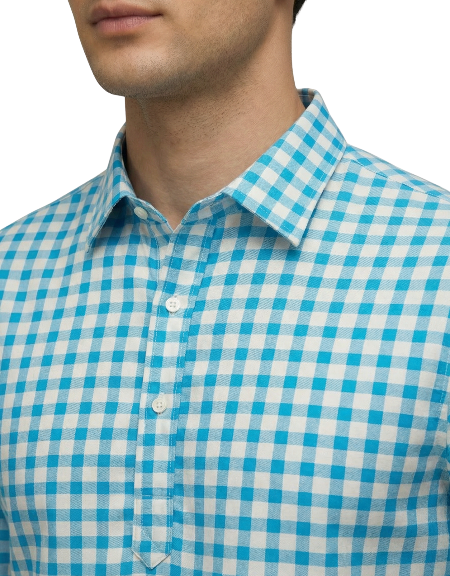 DapperTee blue white check long sleeve polo highlighting firm collar and professional fit.